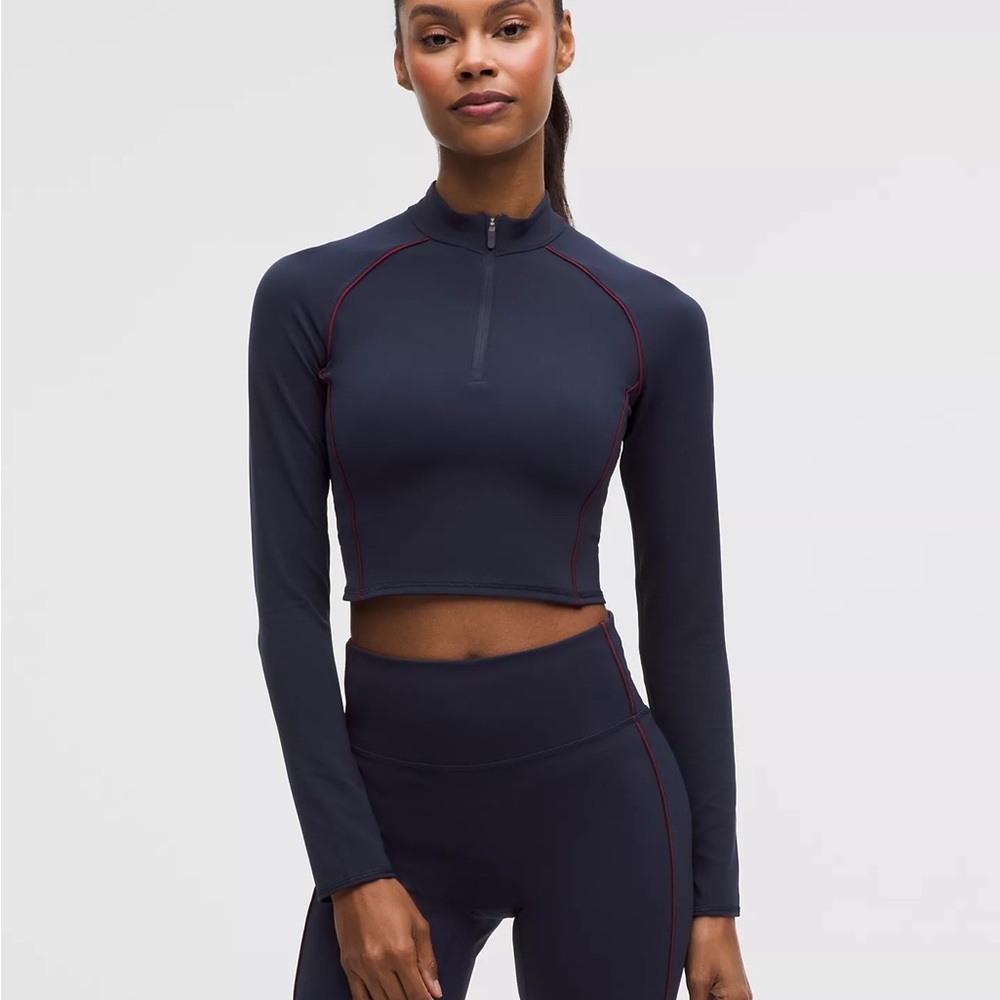 lululemon athletica Navy Long‑Sleeve Zip Crop Top with Contrast Red Stitching